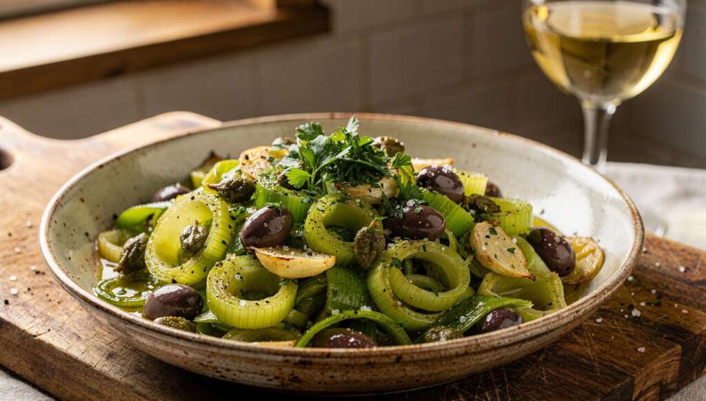 Porri in padella profumati con olive taggiasche e capperi, gustosi